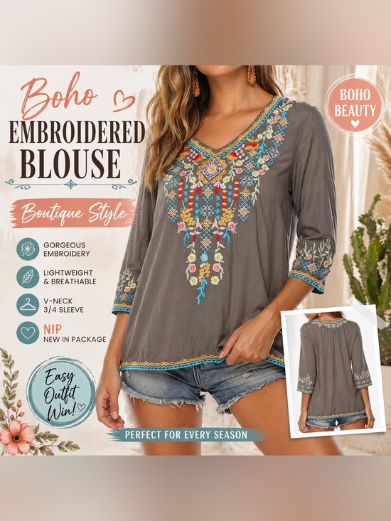 vakakado Tops - Vakakado Embroidered Boho Blouse NIP Gray Floral Tunic V-Neck 3/4 Sleeve - A6